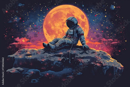 A astronaut is sitting on a stone looking far over the planet