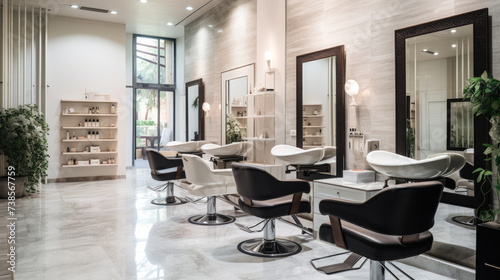 Stylish beauty salon interior. Hairdresser and makeup artist workplaces in one room, creative mirrors