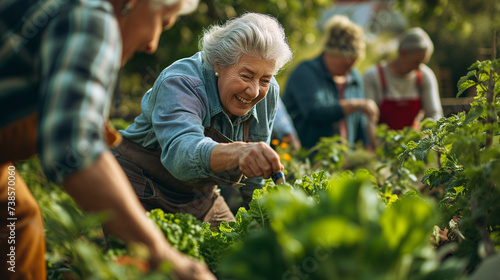 group of senior citizens gathered in a community garden surrounded by vibrant greenery under the sun, tending to the crops and enjoying the fresh air