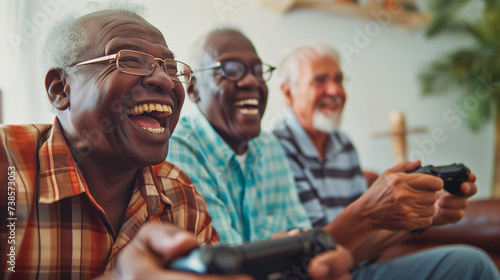 group of happy elderly people of different nationalities play a video game together. The elderly people are engaged in hobbies