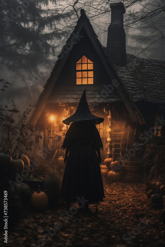 Witch Gazing at Enchanted Cottage on Halloween Night