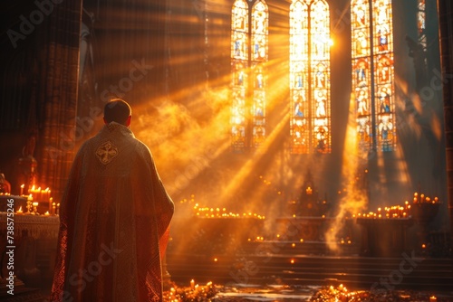 A priest enveloped in golden sunlight within a grand cathedral, his ornate robe detailed against the backdrop of glowing candles and stained glass.