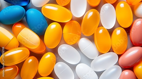 Close-up, top view of multicolored capsules and tablets on the table. Healthcare, Medicine, Medicines, Antibiotics, Painkillers, Vitamins, Dietary supplements for health.
