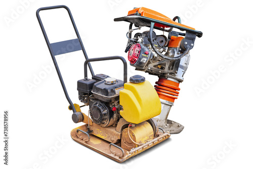 A small soil compactor machine, ready for use. The machine is compact and designed for soil compaction purposes. Isolated