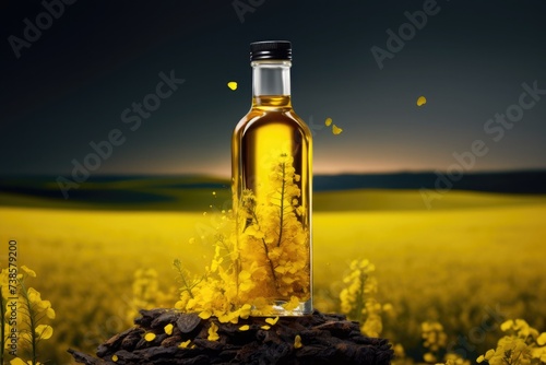 Bottle of rapeseed oil against the backdrop of sunset over the field
