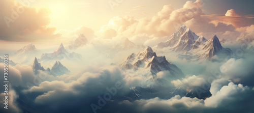 Stunning landscape of sharp mountain peaks densely covered with clouds, travel and tourism concept, banner 
