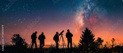 Group of astronomers with telescopes exploring the night sky at twilight. Astronomy and stargazing concept. Design for poster, wallpaper, and educational material.