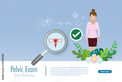 Vaginal exam, gynecology check up. Woman with magnifying glass display vaginal examination. Woman health awareness. Vector.