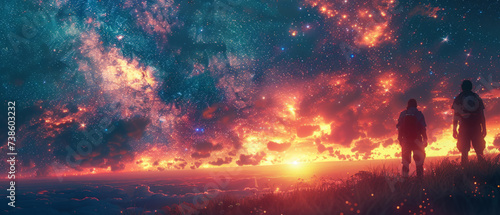 Two people standing on a hill under a vibrant, star-filled sky at sunset. Digital illustration capturing the awe-inspiring beauty of the cosmos. Exploration and wonder concept