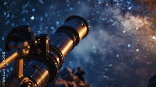 Telescope aimed at a vibrant starry sky, capturing the essence of the Milky Way. Close-up photography emphasizing astronomy and exploration. Space exploration and stargazing concept