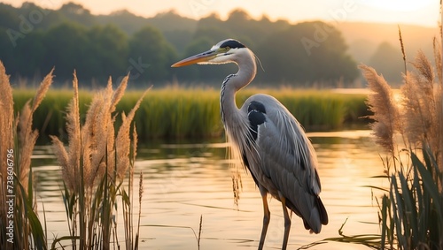 High-detail image, 8K, serene lakeside setting, close-up of a elegant heron standing gracefully amidst reeds, bathed in the soft light of dawn, with impeccable composition. generative AI