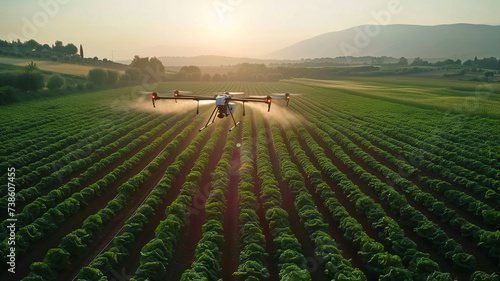 Drones spray pesticides on vegetable farms.