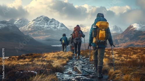 Hikers in hiking boots and layers of clothing ascend a rugged trail, snow-capped peaks looming in the distance