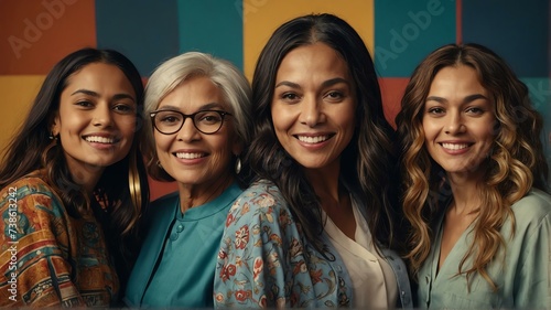 Multi ethnic diverse inclusive woman of different ages smiling at camera on retro background from Generative AI