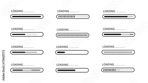 Set loading bar icons. Progress bar loading signs. Collection loading status bar in different design. Download progress icons 