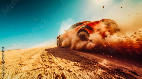 Voiture de rallye projetant de la terre derrière elle en roulant dans le désert