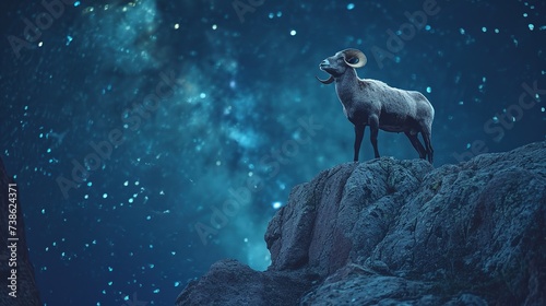 A ram silhouetted against a cosmic backdrop, symbolizing adventure and the untamed spirit of nature, suitable for environmental or astrological themes