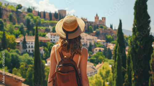 Beautiful tourist young woman walking in Granada city street on summer, Spain, tourism travel holiday vacations concept in Europe