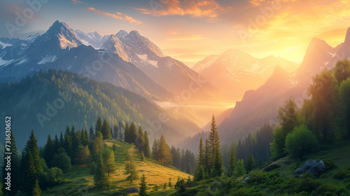 A stunning landscape of a mountain range, with snow-capped peaks and lush forests. The sun is setting, casting a golden glow over the landscape. Well exposed photo