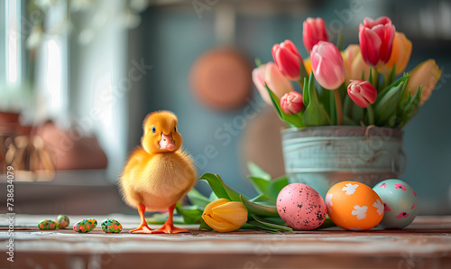 Cute yellow duckling and easter eggs on the windowsill
