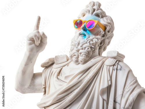 Ancient Greek statue pointing finger, wear colorful sunglasses