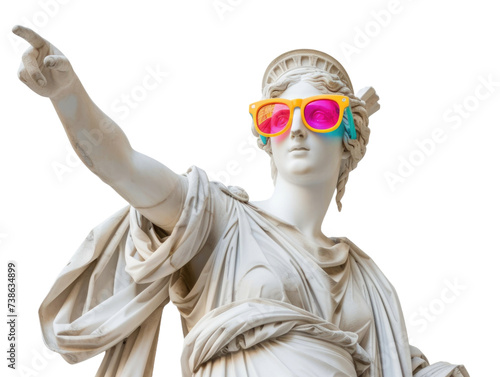 Greek statue pointing finger, wear colorful sunglasses