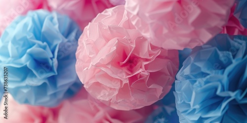 Colorful tissue pom poms in pink and blue. Great for party decorations or adding a festive touch to any event