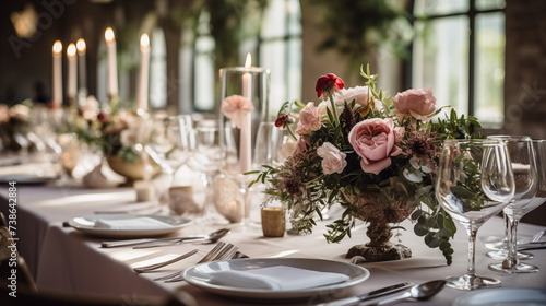 Zastawa stołowa na przyjęciu weselnym - dekoracja stołu weselnego w ogrodzie przez florystę i dekoratora. Piękne bukiety kwiatów na stoliku 
