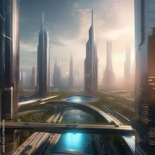 A futuristic cityscape with towering skyscrapers and advanced technology, hinting at a utopian society4