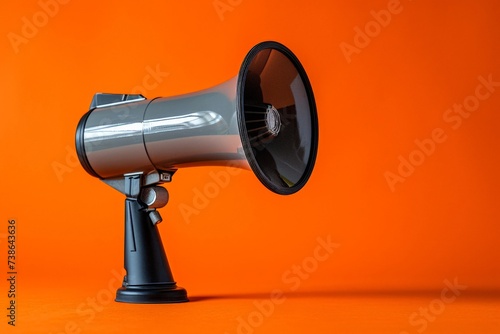 Closeup of a megaphone on vibrant orange background with ample copy space for text and design elements