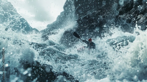 A person in a kayak skillfully paddling through a wave. Perfect for adventure sports and outdoor enthusiasts