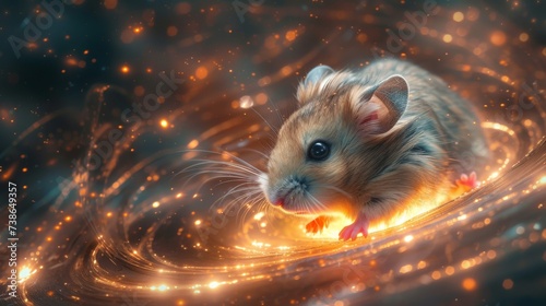 Hamster with black hole patterns orbiting food space wheel run
