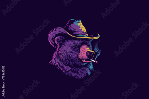 Bear wears a cowboy hat and smoke a cigarette flat design vector illustration