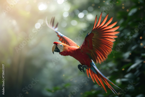 Beautiful macaw parrot in flight with spread wings against the background of green trees or forest, close up view 