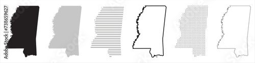 Mississippi State Map Black. Mississippi map silhouette isolated on transparent background. Vector Illustration. Variants.