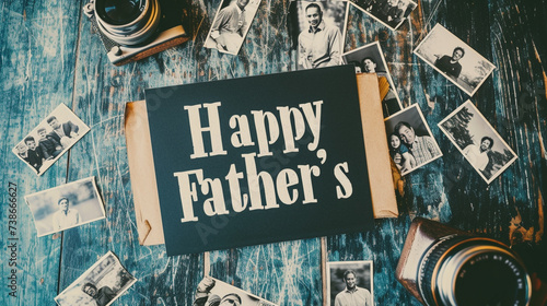 A contemporary poster with a collage of black-and-white family photographs surrounding the phrase "Happy Father's Day" in bold, modern font.