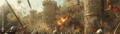 Dramatic scene of a medieval siege with soldiers storming the castle gates catapults in action and the defense fighting valiantly