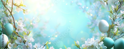 Easter-themed banner or invitation template featuring beautifully Easter eggs nestled amidst vibrant green spring foliage against a blue sky with sunshine backdrop, Easter Day celebrations.