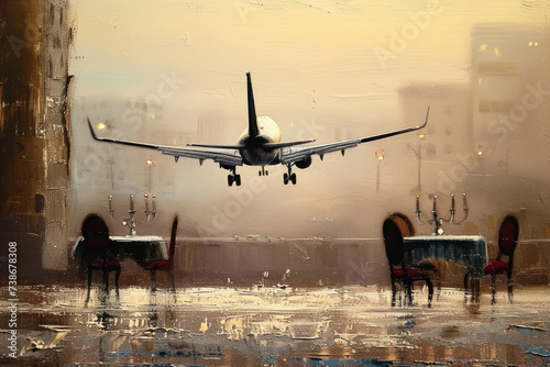 A Painting of a Plane Taking Off and empty tables