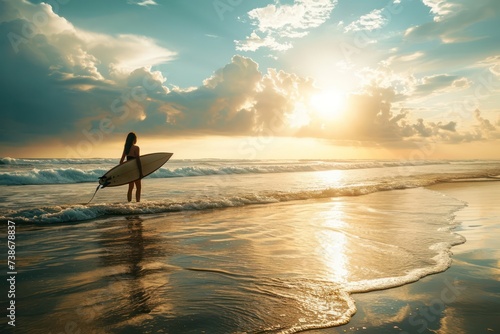 female surfer full body portrait at sunset standing in the ocean with the surfboard. Catching waves and surf camp lifestyle.