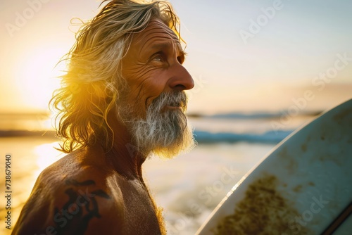 senior man surfer portrait closeup at sunset standing in the ocean with sandy surfboard. Catching waves and surf camp trip. Active travel lifestyle when aging.