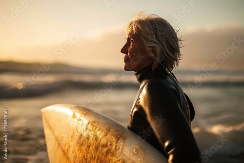 senior woman surfer portrait closeup at sunset standing in the ocean with sandy surfboard. Catching waves and surf camp trip. Active travel lifestyle when aging.