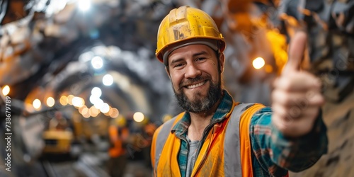 Content Miner with Thumbs-Up in Illuminated Tunnel