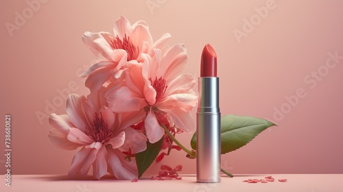 pink lipstick next to beautiful pink flowers ,pink background 