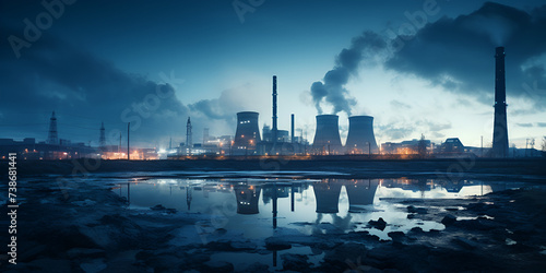 Panoramic view of gas turbine electrical power plant in twilight sky background,