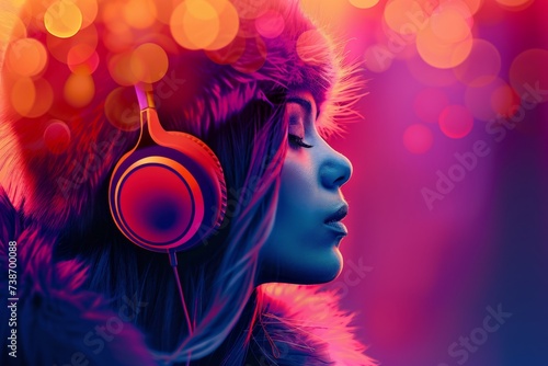 Beautiful woman in purple and pink with headphones or Ear muffs on, abstract background for Ear Muff Day 