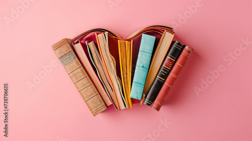 Beautiful Hardcover Books Arranged in Heart Shape, Symbolizing Love for Literature and Reading on Pink Background, Romantic or Affectionate Concept, Book Spines Outward, Creative and Colorful Arrangem
