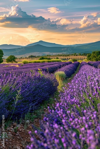 Valensole, Provence. Picturesque lavender fields with rows of purple blooms