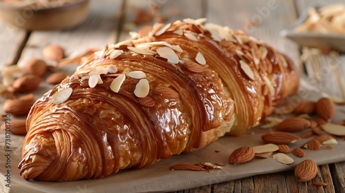 French croissant aux amandes almond croissant filled with almond cream, glazed, and topped with sliced almonds