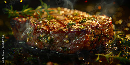 A delicious sizzling smoked steak on a charcoal grill . 
